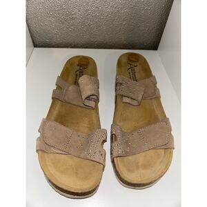 Autenti  Tan  Rhinestone  2 Band  Leather  Sandals Slides 40 / 8.5